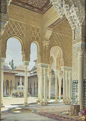 A room at the Palace at Alhambra, with a view of the Court of the Lions